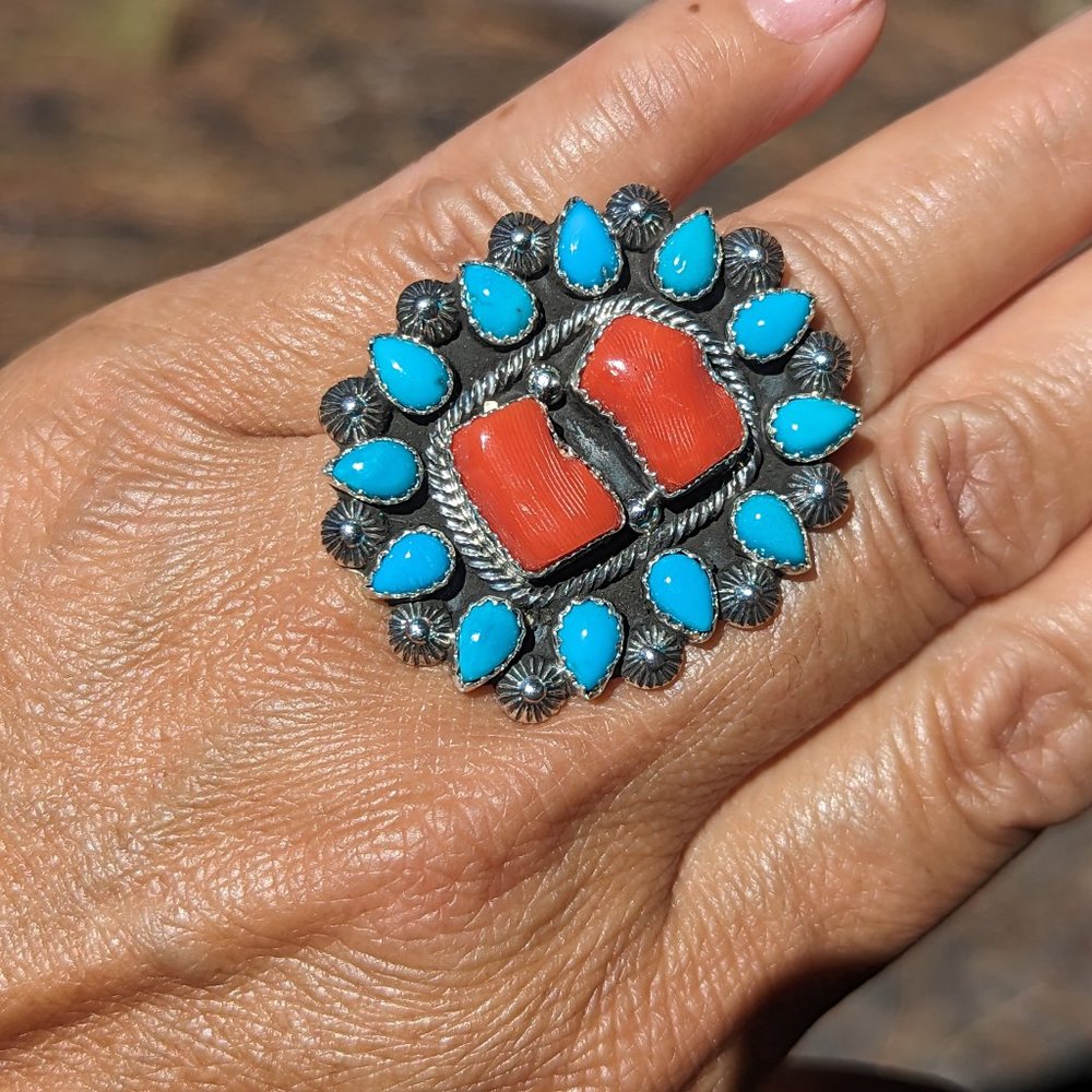 Handcrafted Turquoise Coral Native American Ring Southwestern Sterling Sz 7.5 **